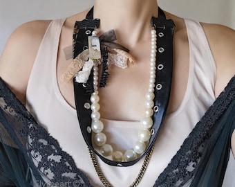 Pearls and Chain Strand Necklace, Lace Bows Neckpiece, Victorian Gothic Rock Jewelry
