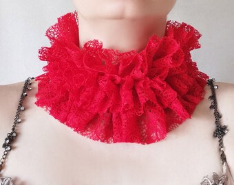 Cardinal red floral lace ruff collar Renaissance costume style, Neck ruffled wide choker, Deep red lace collar, Stage neck cover accessory