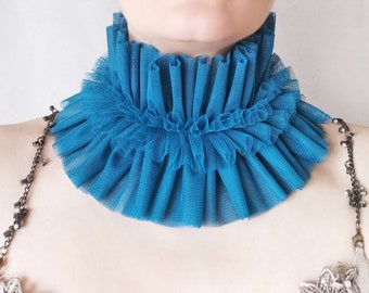 Collar Ruffle Tulle Clown Costume Blue Teal High Collar Circus Performance Neckpiece Historical Tudor Gift Idea for Artist Photoshoot Pose