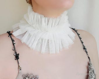 Collier à volants en tulle blanc ivoire élisabéthain de la Renaissance, tour de cou pour événements/soirée à thème ou photo, costume de clown ou de fée large tour de cou