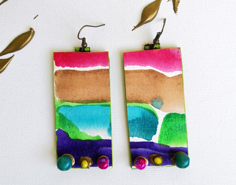 Watercolor painted earrings Artsy dangle earrings Large paper earrings Cubist art earrings Beaded long earrings Statement long earrings