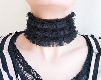 Black Tulle Collar with Layered Frills High Choker Goth Neck Ruff Neckpiece for Party and Stage Costume Queen of Spades Ruffle Noir Collar