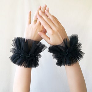Renaissance Circus Clown Black tulle ruffle cuffs, Renaissance costume cuffs bracelets, Elizabethan costume, Harlequin Clown frilly cuffs image 4