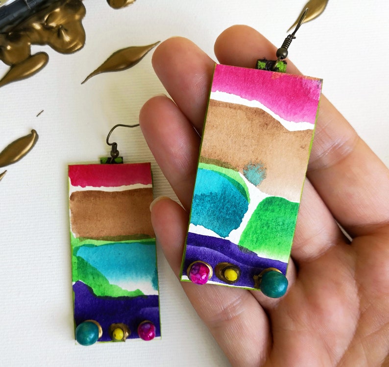 Watercolor painted earrings Artsy dangle earrings Large paper earrings Cubist art earrings Beaded long earrings Statement long earrings