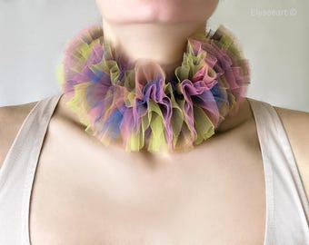 Jester Ruffle Tulle Collar Rainbow Clown Neck Ruff Choker Puffy Harlequin Costume Fluffy Collar Circus Prop Dance Festival Cosplay Carnival