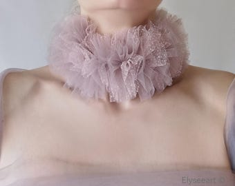 Fluffy Tulle Collar Dusty Pink Ballerina Cosplay Dancer Ruffle Collar Doll Costume Polka Dots Accessory Ballet Prop Frilly Collar Necklace