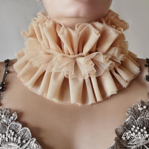Col à volants en tulle de clown beige, costume de col élisabéthain Renaissance, époque Tudor, fraise à col large, col superposé en tissu, col tendance
