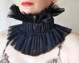 Renaissance queen high neck tulle collar in black, Shakespeare ruffled wide layered collar, Harlequin ruff, Theater character neck cover