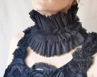 Col en tulle noir à volants, col haut élisabéthain, col vampire