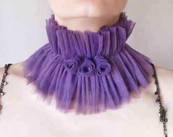 Victorian roses tulle ruffle collar in purple, Layered wide neck collar, Charlotte Bronte costume, Jane Eyre collar, Women neck accessory