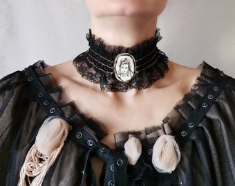 Choker in Black Lace and Satin Trim Necklace Marie Antoinette Hand Drawing Portrait Rococo Choker for Festival and Party Gift idea for Her