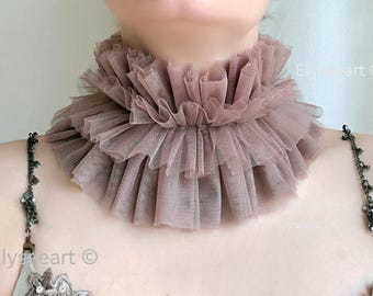 Col élisabéthain en tulle latte marron taupe, costume de cirque pour un événement ou une fête, collerette en tulle, collerette de clown, col Renaissance
