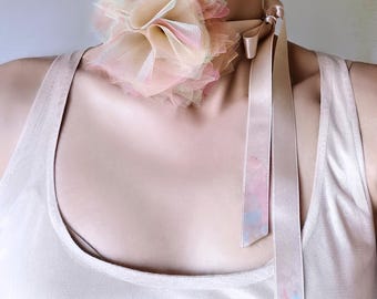 Pastel Rainbow Tulle Pom Pom Choker, Hand Painted Satin Ribbon Bow Necklace, Ballet Tutu Neck Accessory