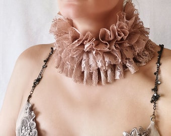 Beige cappuccino lace ruffle high collar for party and photo shoot, Victorian neutral warm beige collar, Floral soft lace neck wavy ruff