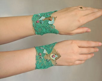 Green Wrist Cuffs Whimsical Lace Arm Cuffs Collage Bracelets One Size Wide Cuffs Fairy Woodland Photoshoot Cosplay Festival Cuffs Mori Girl