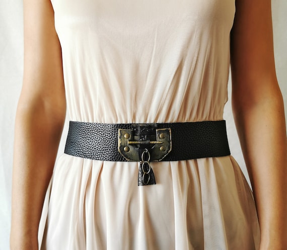 Black Leather Steampunk Waist Belt, Gothic Wedding Sash Medieval Prop