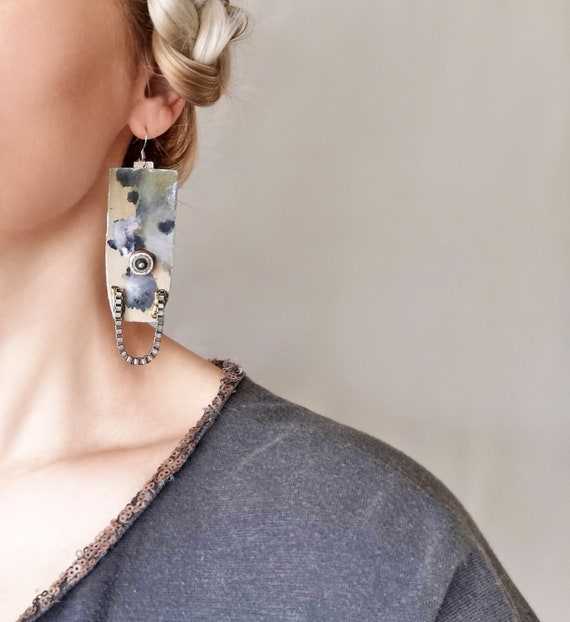 Watercolor Paper Earrings Steampunk Chain Rivet Dangle Earrings