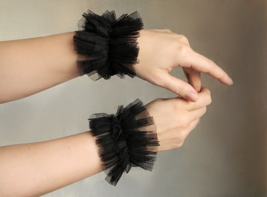 Black Tulle Ruffle Cuffs Rococo Wrist Ruffs, Black Swan Ballet