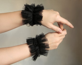 Black Tulle Ruffle Cuffs Rococo Wrist Ruffs for Festivals or Themes Photoshoot Costume Black Swan Ballet Cuffs Tutu Gift for Sis or Friend