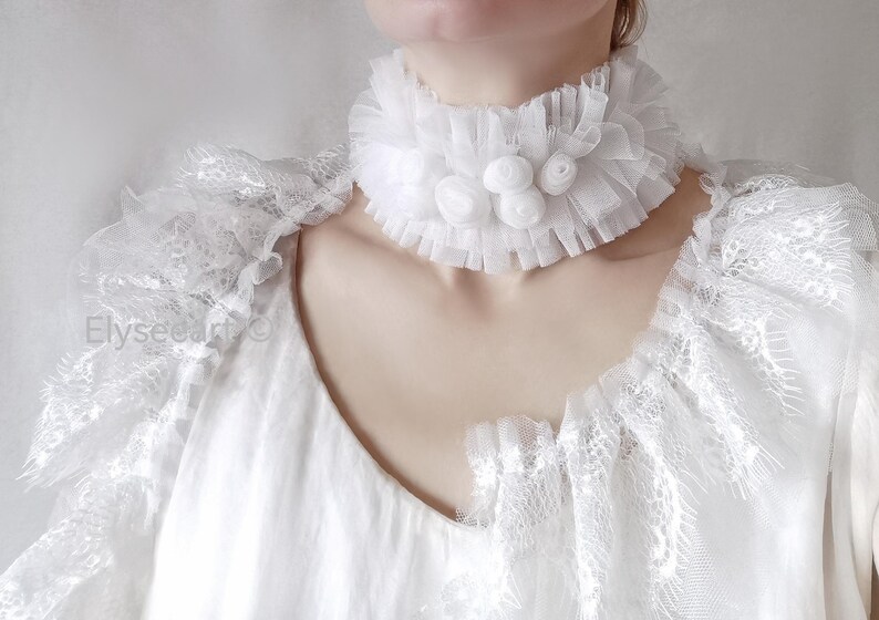 White Ruffle Collar Ivory White Ruffle Collar Roses Victorian Wedding Bride Tulle Collar ...