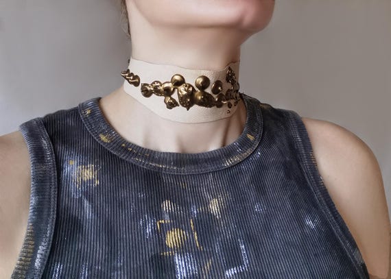 Beige Leather Choker Bronze 3D Sculpture Necklace, Avant Garde
