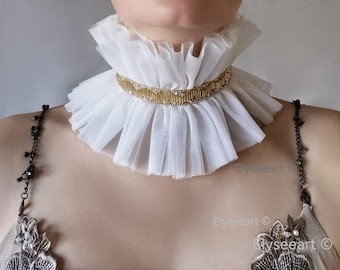 Rococo Tulle Ruffle Collar - White and Golden Beaded Renaissance Neck Ruff