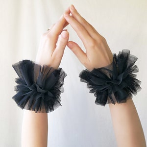 Renaissance Circus Clown Black tulle ruffle cuffs, Renaissance costume cuffs bracelets, Elizabethan costume, Harlequin Clown frilly cuffs image 2