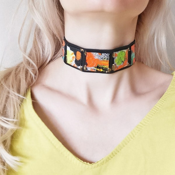 Leather Choker Abstract Paintings Collar Painted Paper Neckpiece Art to Wear Everyday Choker Gift for Artist Choker Colorful for Going Out