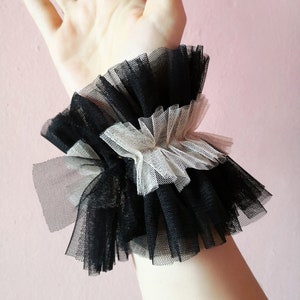 Renaissance Circus Clown Black tulle ruffle cuffs, Renaissance costume cuffs bracelets, Elizabethan costume, Harlequin Clown frilly cuffs image 6