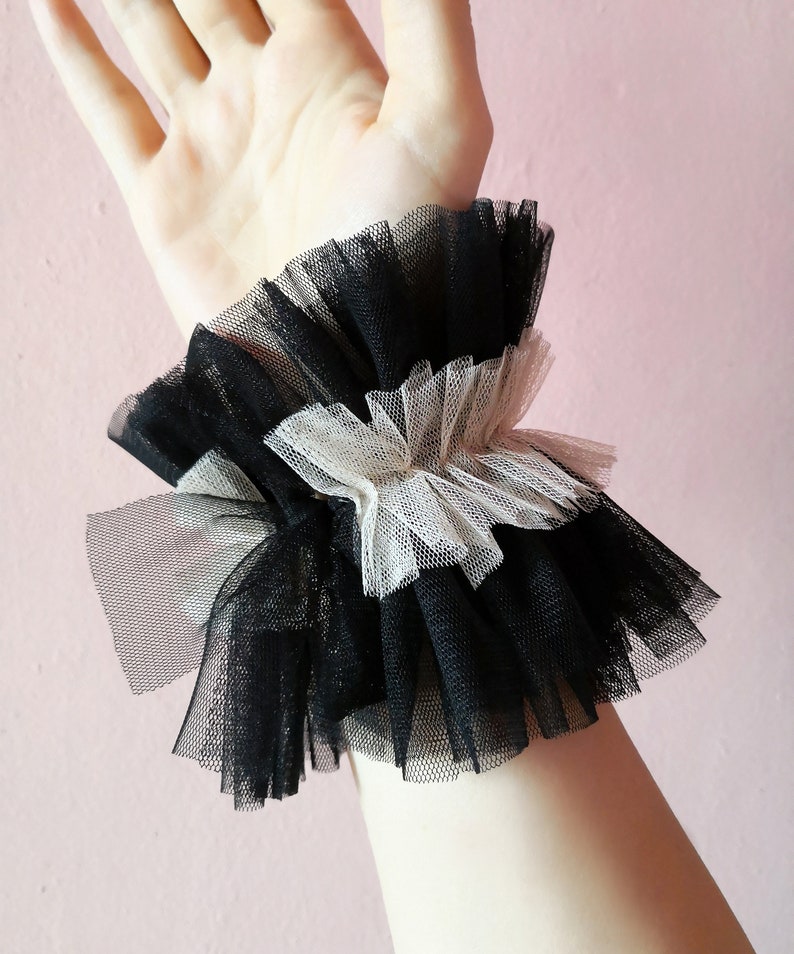 Renaissance Circus Clown Black tulle ruffle cuffs, Renaissance costume cuffs bracelets, Elizabethan costume, Harlequin Clown frilly cuffs image 6