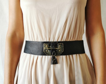 Black Leather Waist Belt Steampunk Gothic Buckle Sash Belt Wedding Gift for Gothic Bride Prop Photoshoot Steampunk Festival Wide Tie Belt