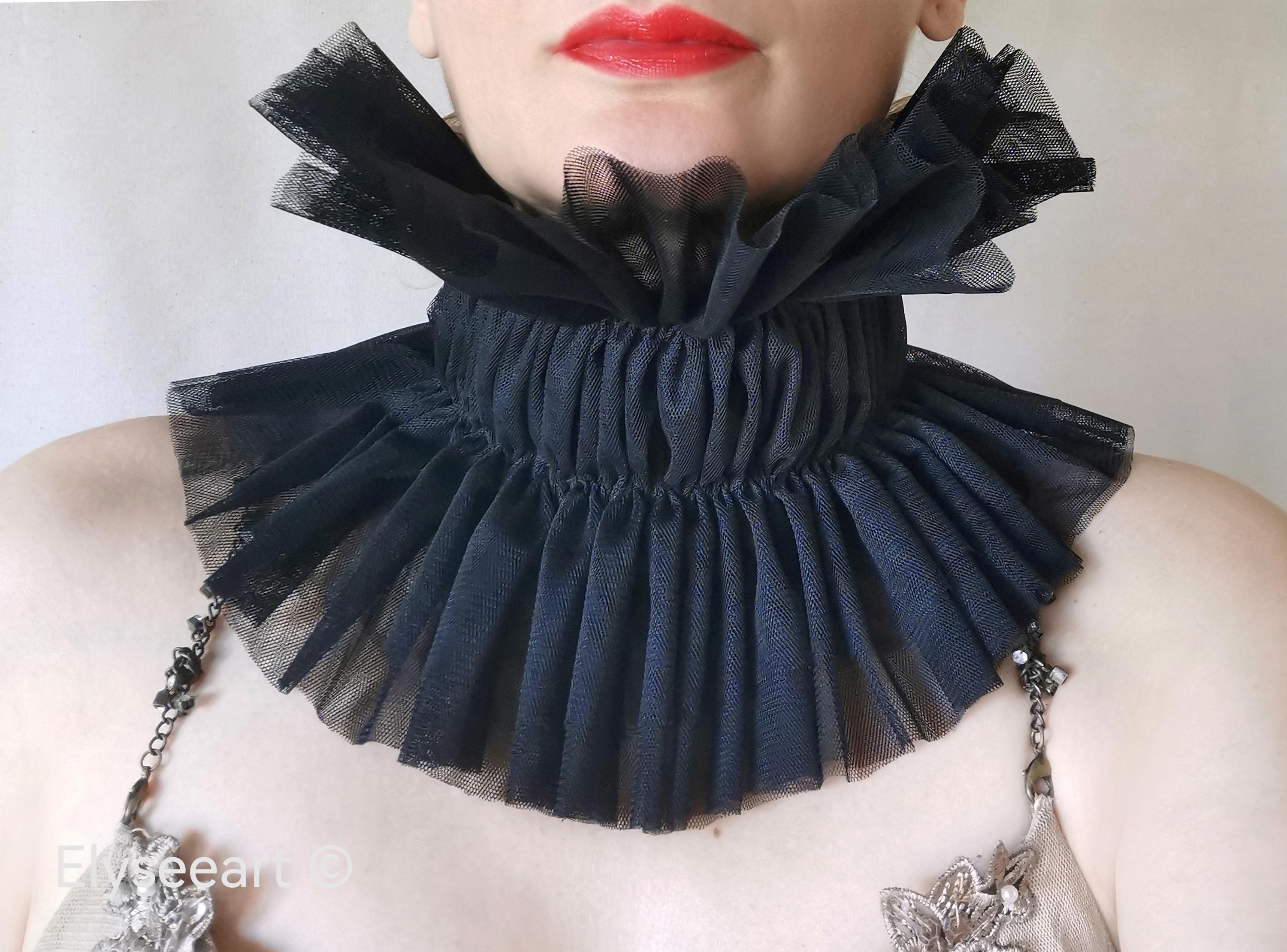 Renaissance Queen High Neck Tulle Collar in Black, Shakespeare Ruffled ...