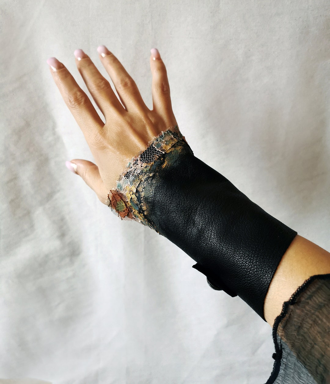 Black Genuine Leather and Lace Arm Cuff With Metal Button - Etsy