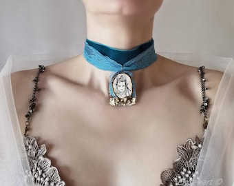 Rococo Choker Turquoise Necklace Marie Antoinette Portrait Jewelry Ribbon Lace Collar Velvet Baroque Festival Choker Venetian Carnival
