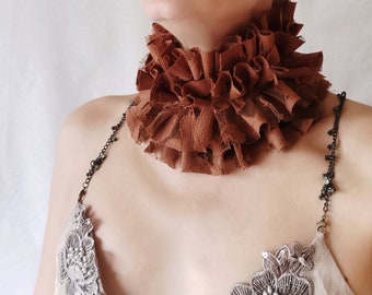 Lace and tulle ruffle wide collar in cognac tan brown, Unique applique lace collar, Adorned neck cover ruff, Embellished fashion  collar