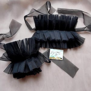 Renaissance Circus Clown Black tulle ruffle cuffs, Renaissance costume cuffs bracelets, Elizabethan costume, Harlequin Clown frilly cuffs image 3