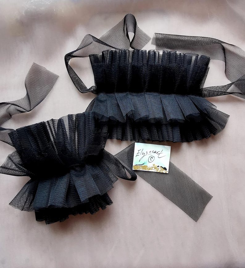 Renaissance Circus Clown Black tulle ruffle cuffs, Renaissance costume cuffs bracelets, Elizabethan costume, Harlequin Clown frilly cuffs image 3