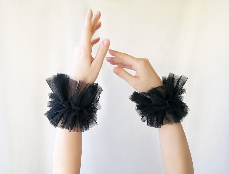 Renaissance Circus Clown Black tulle ruffle cuffs, Renaissance costume cuffs bracelets, Elizabethan costume, Harlequin Clown frilly cuffs image 2