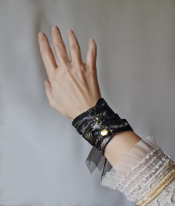 Hand Painted Black Leather Armor Wrist Arm Cuff - Gothic Dark Academia Armband