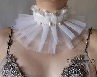 White Tulle & Satin Ruffle Pearl Collar - Elizabethan Costume Tudor Neck Ruff