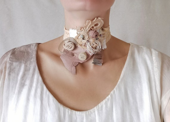Shabby Chic Rose Choker with Leather and Lace Victorian Collar Fairycore Necklace