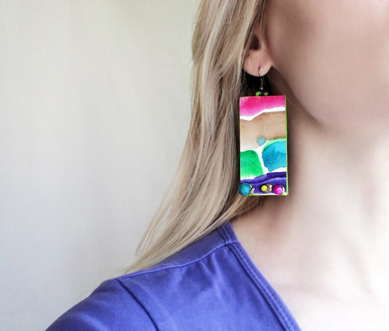 Watercolor painted earrings Artsy dangle earrings Large paper earrings Cubist art earrings Beaded long earrings Statement long earrings