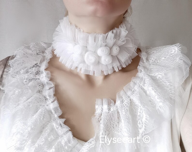 White Ruffle Collar Ivory White Ruffle Collar Roses Victorian Wedding Bride Tulle Collar ...