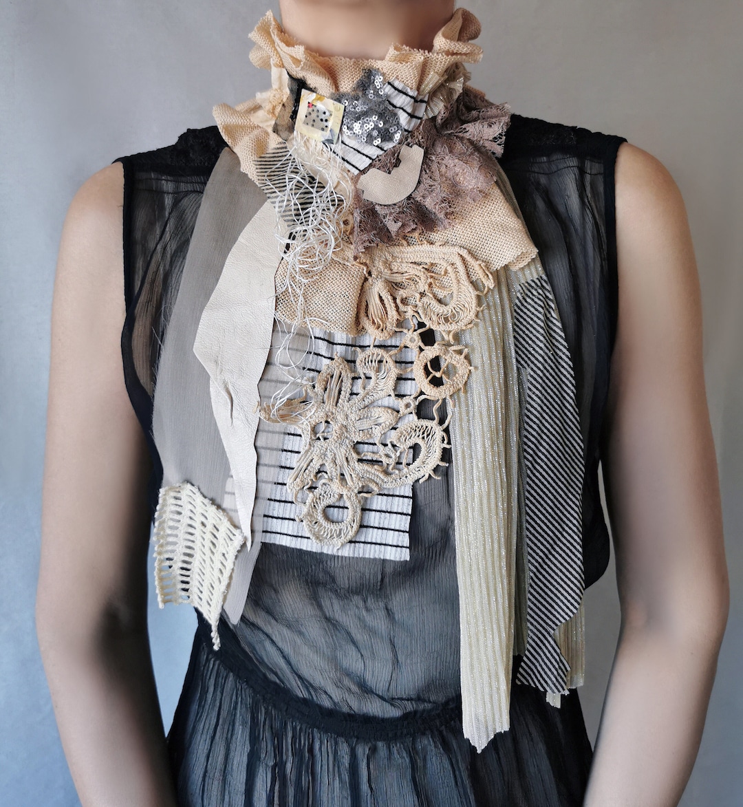 Victorian Jabot Bold Body Jewelry Fabric Collage Statement Neckpiece