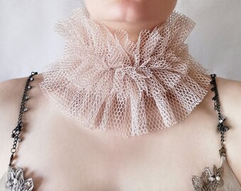 Nude beige mesh fabric ruff collar in Renaissance style, Fishnet hole fabric collar, High neck choker, Wide frilly collar, Clown collar