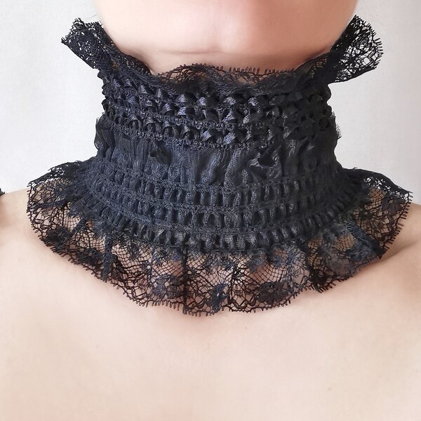 Victorian Gothic black lace and satin high collar neck corset with trims, Super Wide choker, Embellished collar, Queen choker, Neck cover