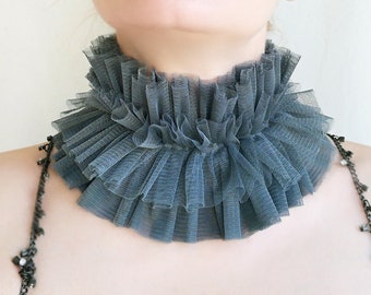 Olive blue gray tulle ruffle collar Circus clown neck ruff for party/events/cosplay, Renaissance frilly hand sewn collar women accessory