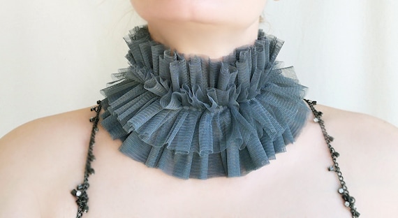 Olive blue gray tulle ruffle collar Circus clown neck ruff for party/events/cosplay, Renaissance frilly hand sewn collar women accessory