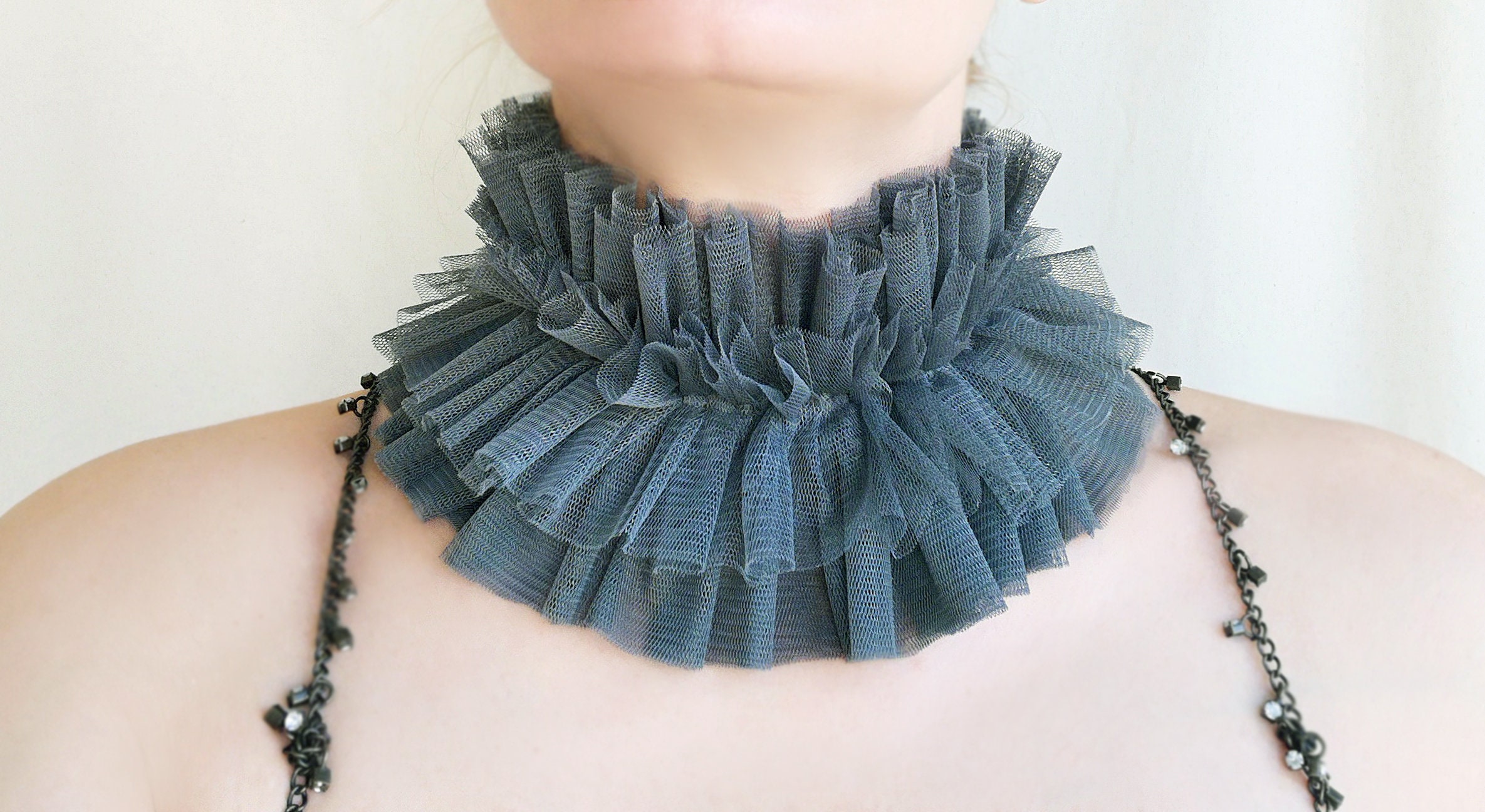 Olive Blue Gray Tulle Ruffle Collar Circus Clown Neck Ruff