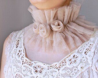 Roses Collar Nude Tulle Ruffle Collar Victorian Bride Neckpiece Neutral Neck Ruff Romantic Wedding Accessory Shabby Chic Gift for Bride